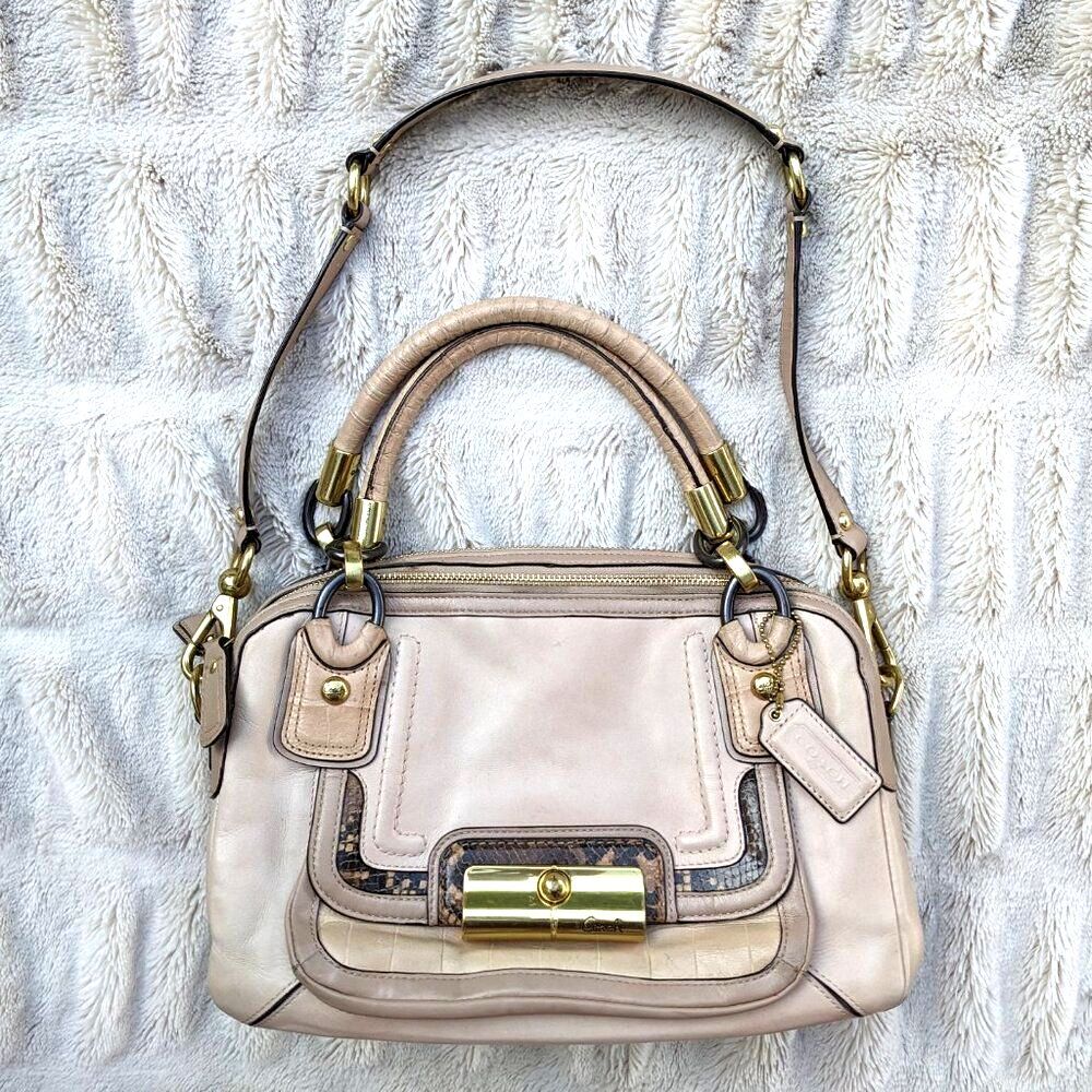 COACH "Kristin" Beige Snake Print Detail Clip Lock Detachable Strap Shoulder Bag